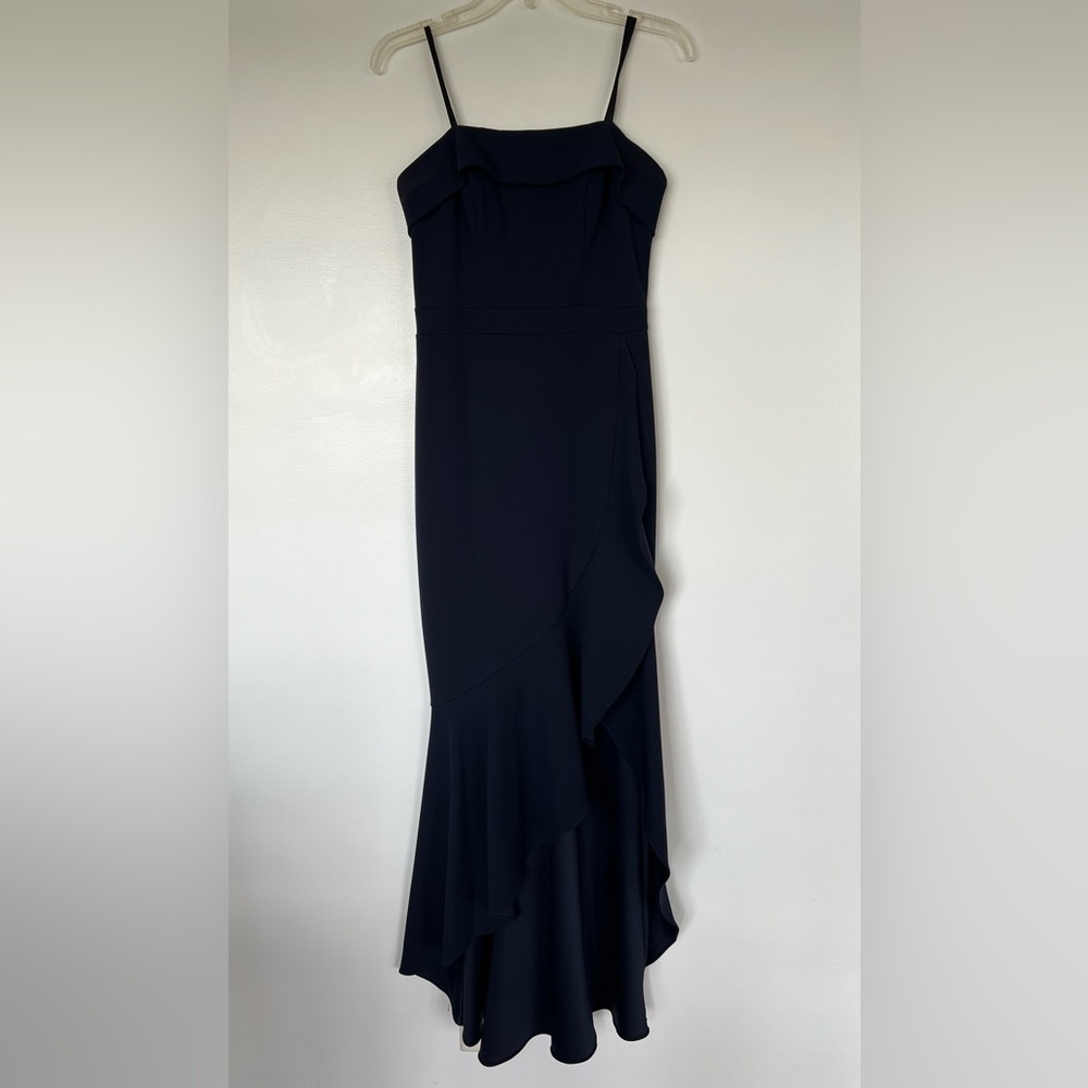 Xscape Navy Blue Ruffled Hem with Slit Strapless Evening Dress